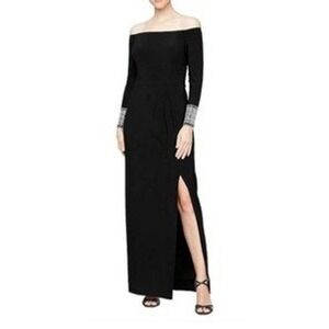 Alex Evenings Womens Off Shoulder Embellished Cuff Gown Black Knit NEW Size 10